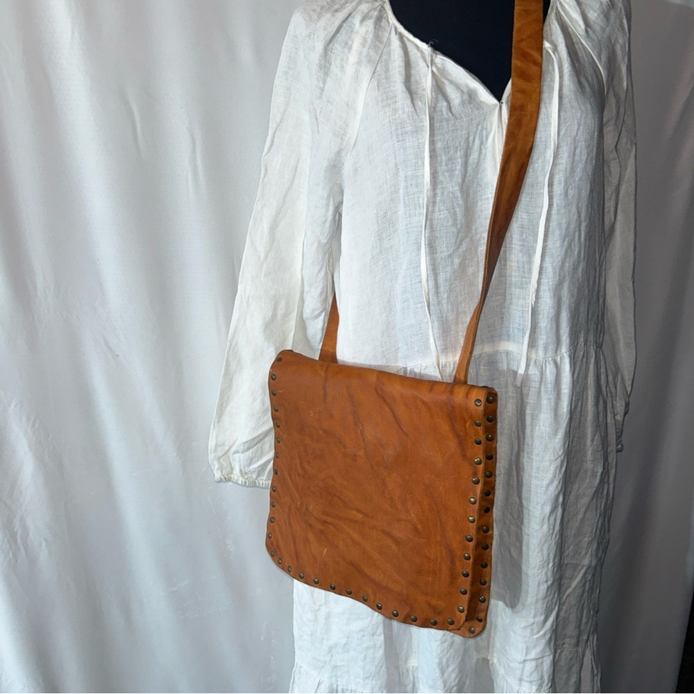 Tan Leather Studded Crossbody Bag